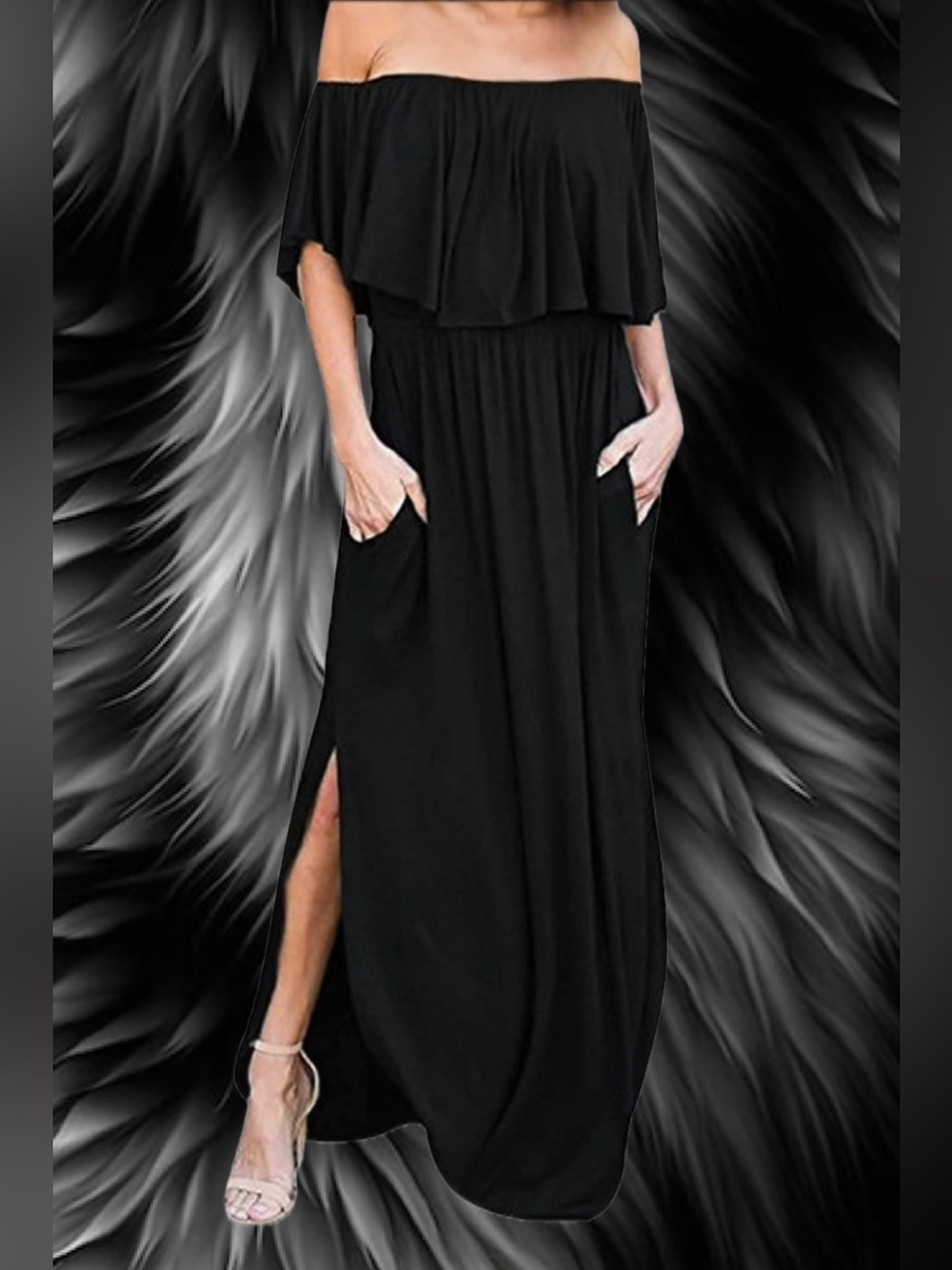 Off-Shoulder Black Maxi Dress with Side Slit